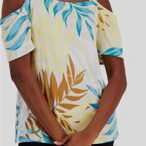 JM Collection Blue and Brown Cut Out Short Sleeve Blouse